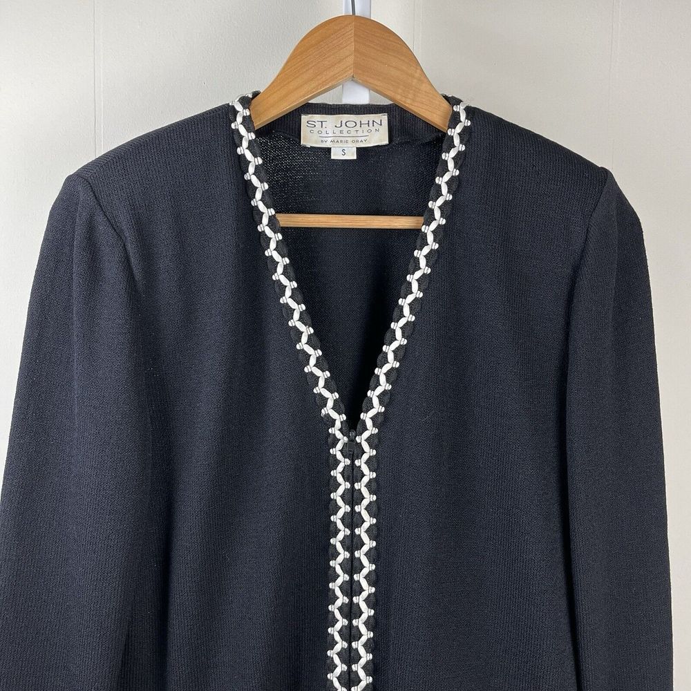 St. John Collection‎ Santana Knit Sweater Jacket Womens Small Black White Trim
